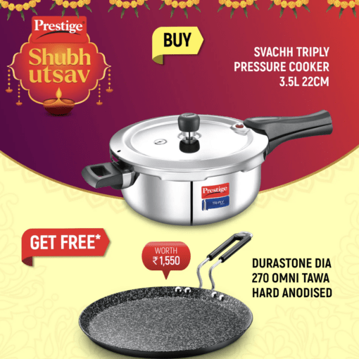 Prestige Svachh Triply Outer Lid Pressure Cooker with Unique Deep Lid for Spillage Control, 3.5 Litre, Silver and Durastone Hard Anodised 6 Layer Non-Stick Omni Tawa, 27 cm (Black)